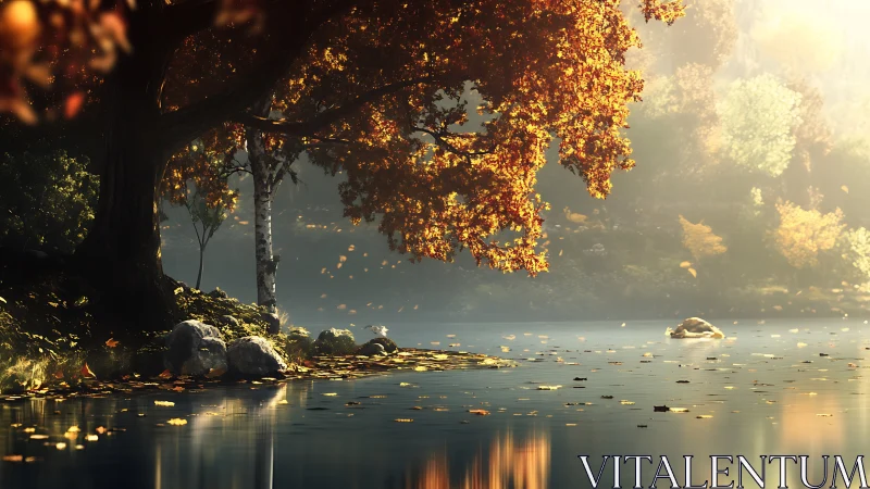 Golden autumn tree reflects over a tranquil forest lake.