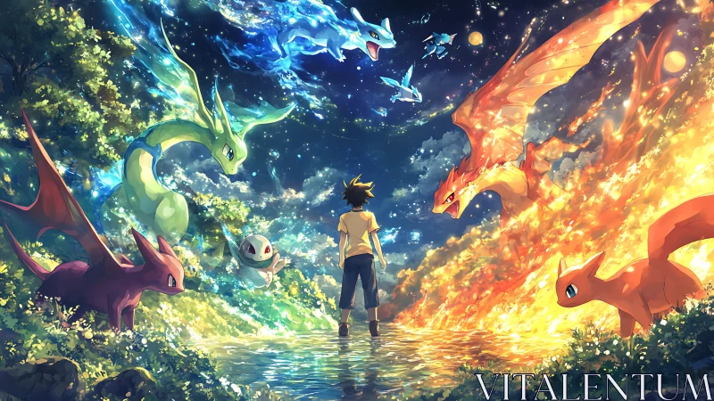 Elemental dragon guardians encircling lone trainer at reflective pool