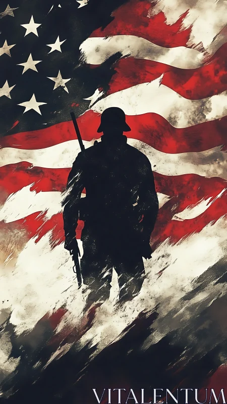 Silhouetted soldier stands against dynamically painted US flag