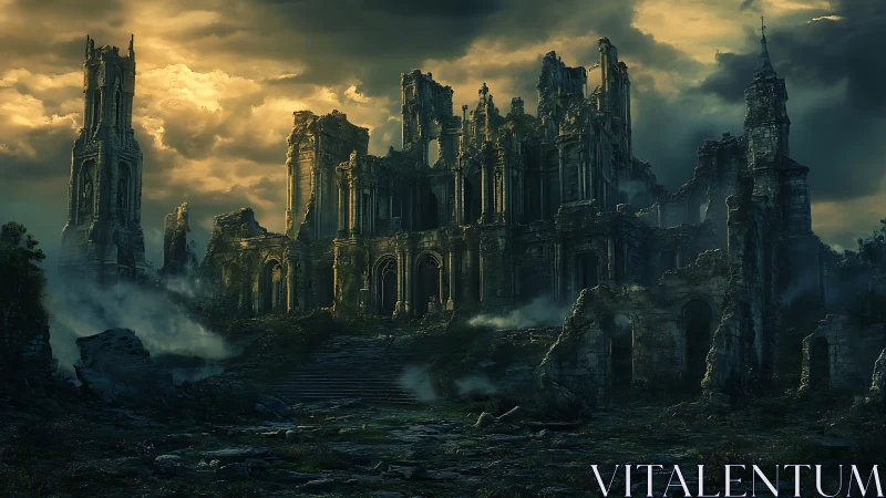 Ancient ruined citadel looms under storm-lit, smoky skies.