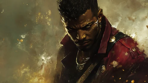 Male figure in red jacket against abstract textured backdrop.