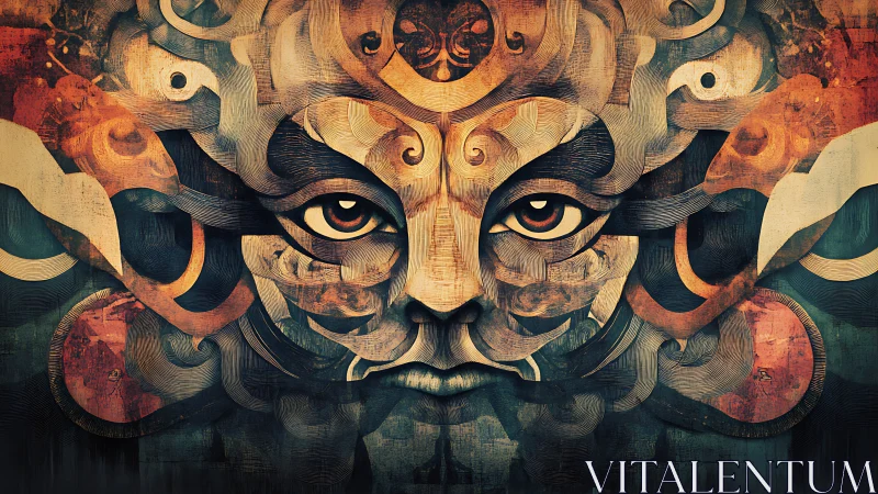 Surreal ornate mask face merges swirling abstract forms.