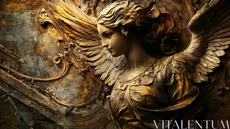 Gilded stone seraph in ornate bas‑relief, aging gracefully.