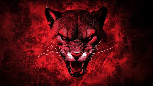 Fierce Cougar Snarling Against Crimson Background.