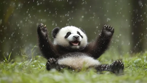 Playful baby panda delighting in a joyful rainy-day romp.
