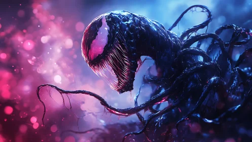 Alien symbiote creature amid neon bokeh stormscape.
