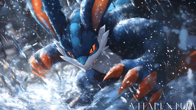 Blue creature with orange claws advancing through snowstorm.