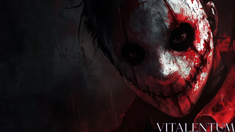 Haunting masked figure in shadowy red horror portrait.
