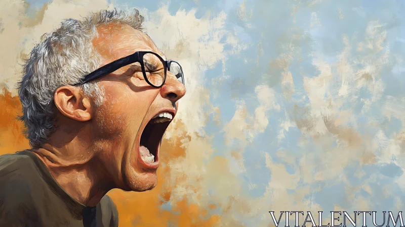 Older man shouting against abstract sky background.