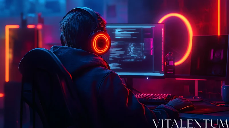 Focused coder works by neon glow in a futuristic gaming studio