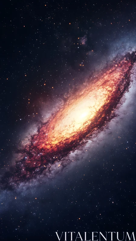 Oblique spiral galaxy rendering with luminous core and dense dust lanes