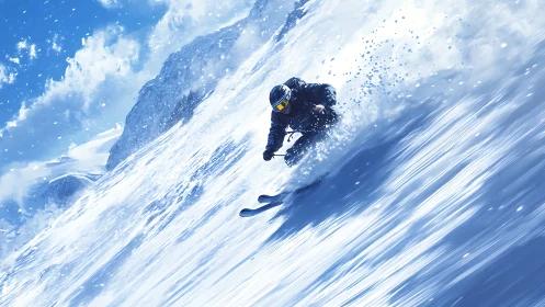 Solo skier cutting through powder on steep alpine slope.
