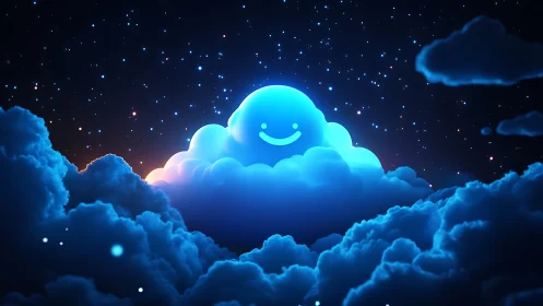 Glowing smiling cloud character illuminates stylized night sky