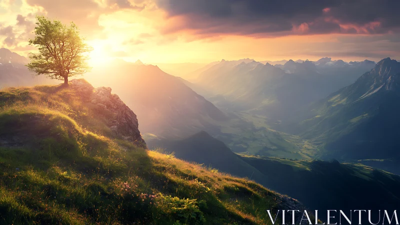 Lone hilltop tree greeting a molten sunrise above valleys.