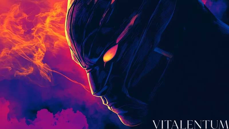 Side profile of stylized helmeted figure against fiery backdrop