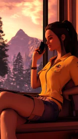 Sunlit ranger on cabin windowsill with mountain vista