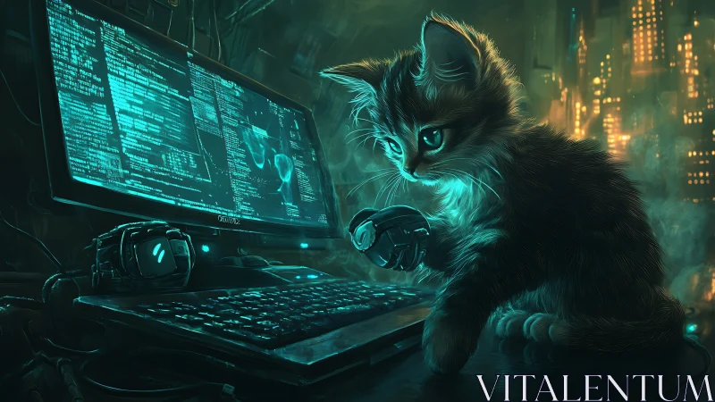 Curious cyberpunk kitten exploring a glowing code filled desk.