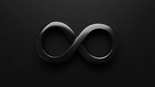 Glossy black infinity symbol on minimal dark background.