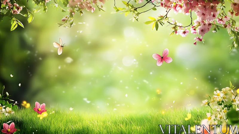 Spring garden scene with flowering plants and particles