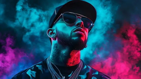 Neon-lit hip-hop portrait in blue and magenta smoke glow.