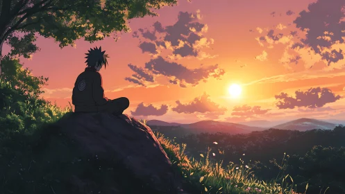 Sunset wraps a lone shinobi in quiet, glowing resolve