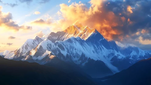 Sunlit snow peaks rise beneath glowing storm clouds