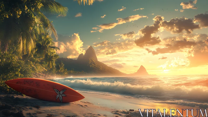 Sunlit tropical surf beach glows under golden sunset sky