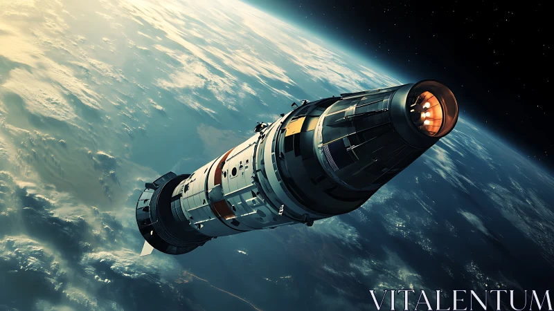 3D orbital rocket render with dynamic perspective lighting design.