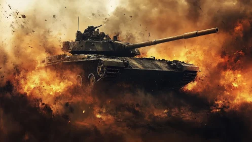Main battle tank advancing through dense fire and smoke.