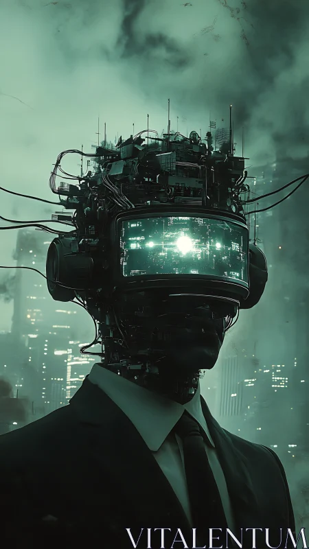 Cybernetic executive with urban-scale neural interface rig.