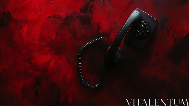 Black corded rotary telephone lies on textured red surface