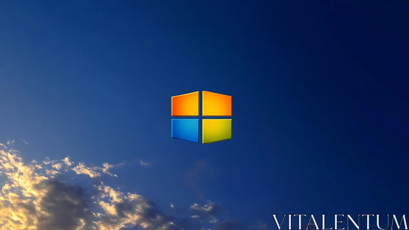 Windows-style four-color logo floats above deep blue sky