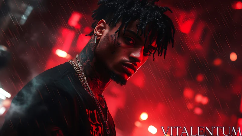 Tattooed rapper under neon rain with intense red bokeh.