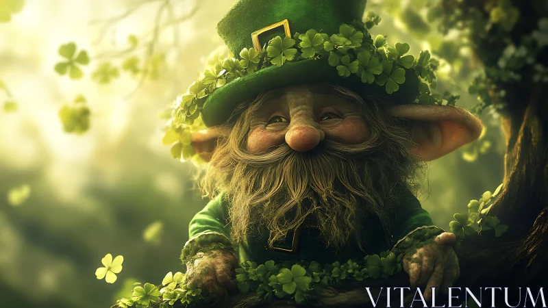 Leprechaun character leans on tree branch in clover forest
