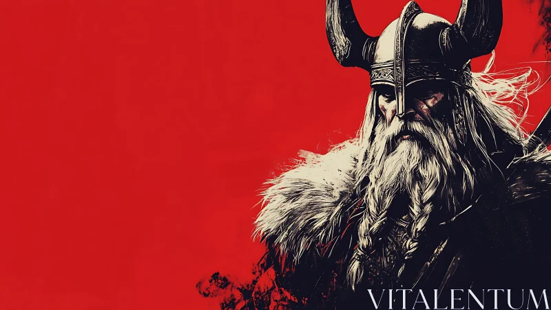 Stoic viking warrior against bold crimson skies.
