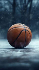 Snow kissed basketball rests quietly on a frosty court