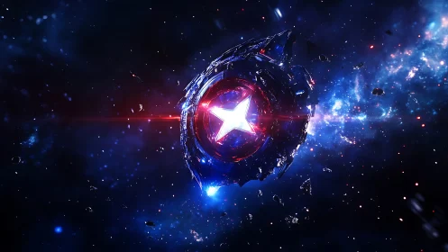 Fragmented stellar shield drifting through luminous nebulae.