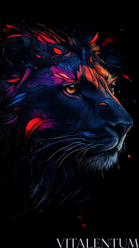 Neon chromatic lion profile with high contrast vector lighting