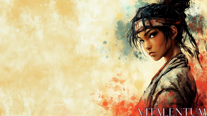 Warrior portrait framed by abstract ink splatter field.