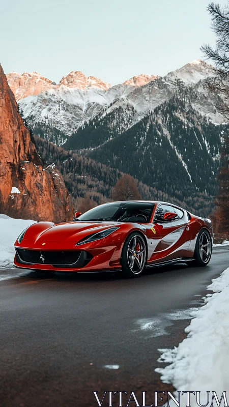 Crimson supercar slices through icy mountain silence