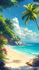 Tropical Coastal Landscape with Palm Trees and Crystalline Waters.