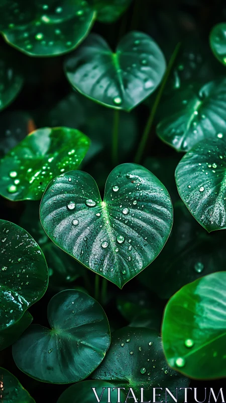 Macro heart-shaped tropical leaves with rain droplets, bokeh