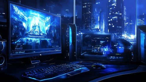 Futuristic blue-lit gaming workstation overlooking neon city skyline.