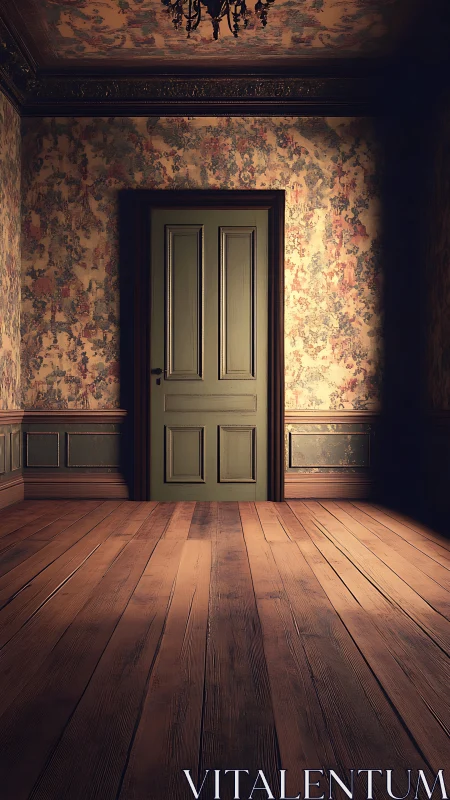 Cinematic low-angle view of closed olive door in vintage hall