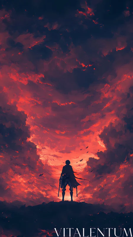 Lone wanderer beneath apocalyptic crimson stormfront.