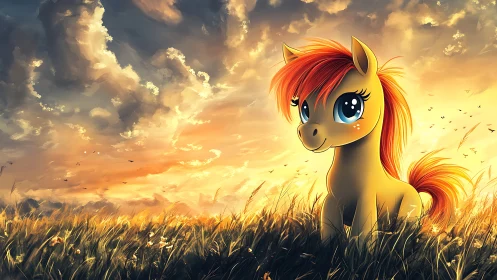 Sunlit cartoon pony standing in glowing meadow at dusk.