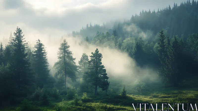 Mountain forest landscape with fog and coniferous trees
