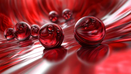 Shiny Red Glass Spheres on Abstract Metallic Red Surface, Digital Art.