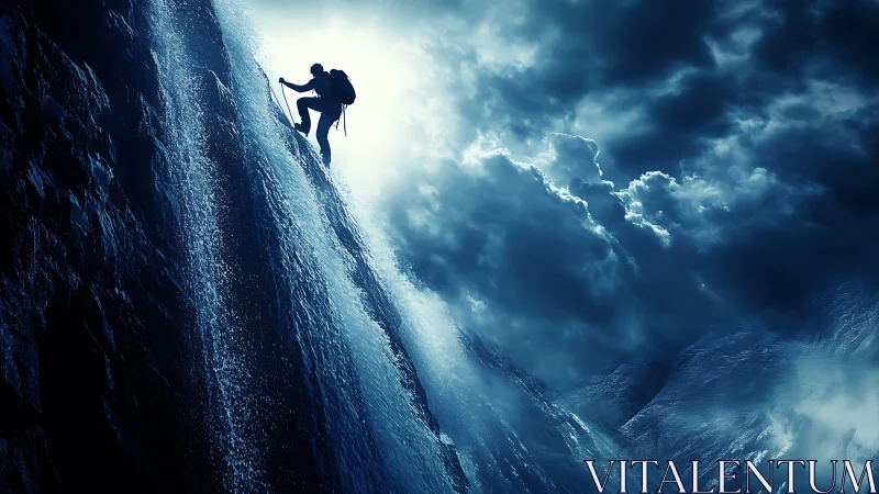Solitary climber ascending stormy, water-slick mountain wall.