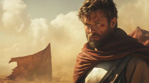 Battle-worn desert warrior stands under heavy storm sky